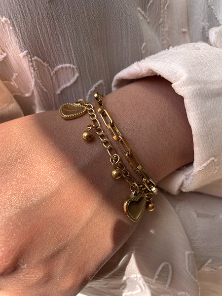 BELOVED | Tarnish Free | Gold Plated Charm Bracelet | Double Layer Link and Heart Charm | Bracelet