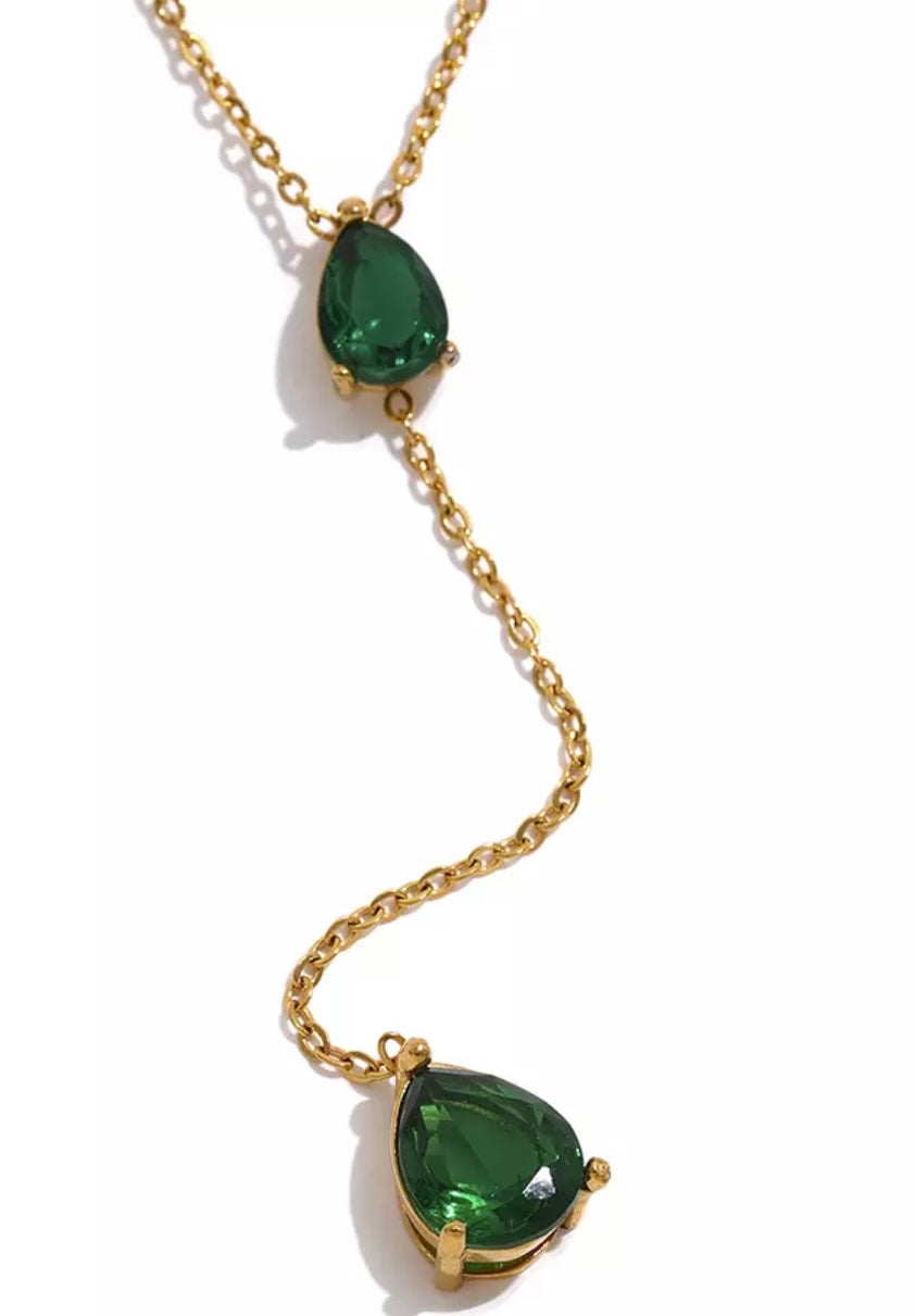 EVELYN | Tarnish-Free | Gold Cubic Zirconia Emerald/Clear Teardrop  | Necklace
