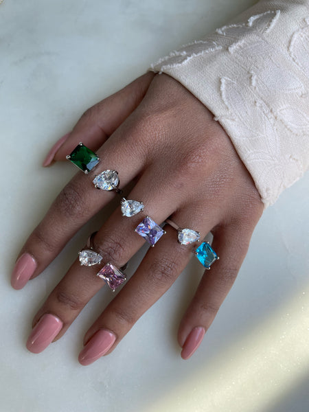 ADRIANA I Luxury Silver Emerald Open Ring | AAA Grade Cubic Zirconia I Adjustable