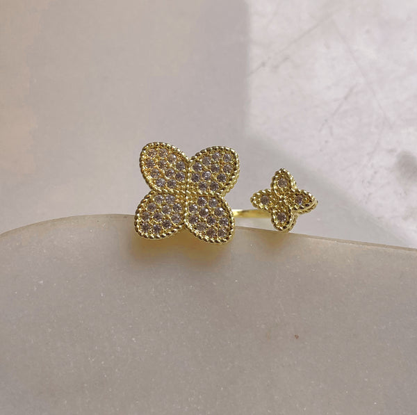 KHLOE I Luxury Silver/Gold Clover Open Ring | AAA Grade Cubic Zirconia I Adjustable