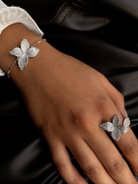 MARIAH I Cubic Zirconia Pavé Flower Jewel Encrusted Flower Bracelet/Ring