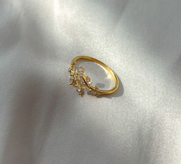 MYSTICAL I Ethereal Collection | S925 Sterling Silver I 18k Gold Plated I Cubic Zirconia Adjustable Leaf Ring