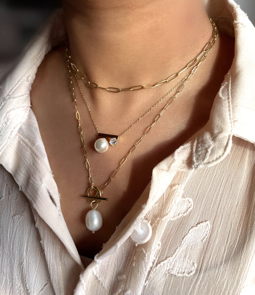 AYLA | Tarnish-Free | Gold Bar and Pearl Cubic Zirconia | Necklace
