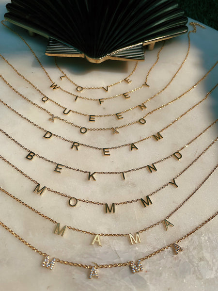 Word Necklaces | Spaced Out | Tarnish Free | 18ct Gold Plated and Stainless Steel | Wifey/Queen/Be Kind/Dream/Love/Peace/Breathe/Boss/Angel/Amour/Bestie/Lucky/Brave/Blessed