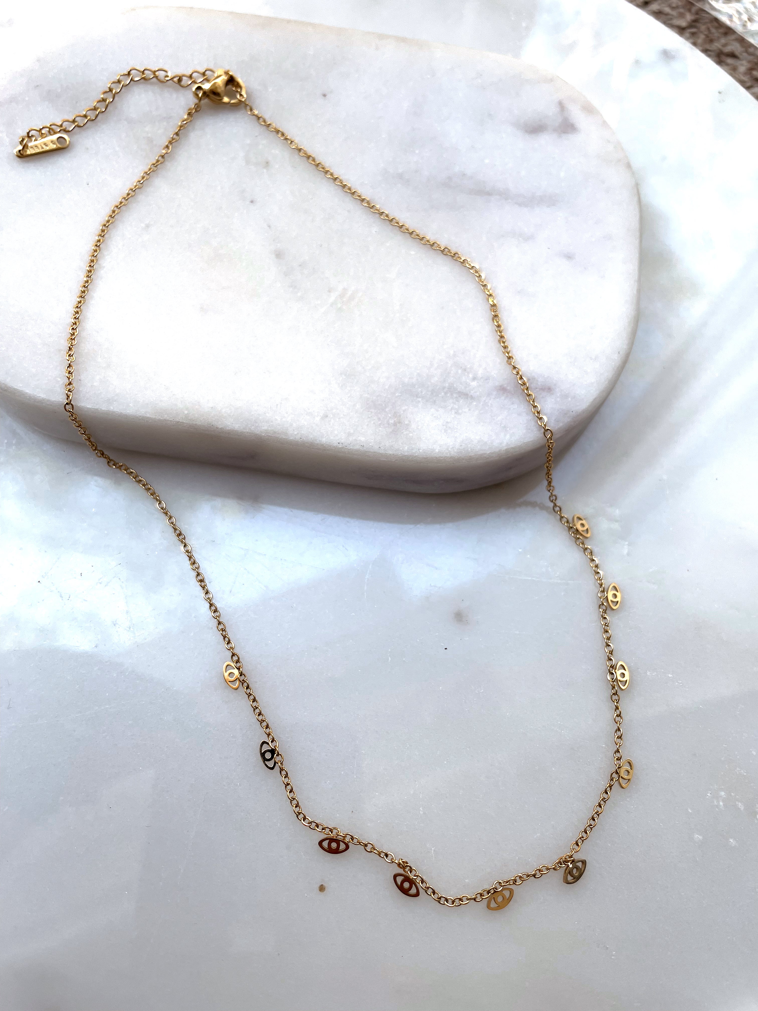 AZA | Tarnish Free | Multi Evil-Eye necklace | Stainless Steel | 18k Gold Plated