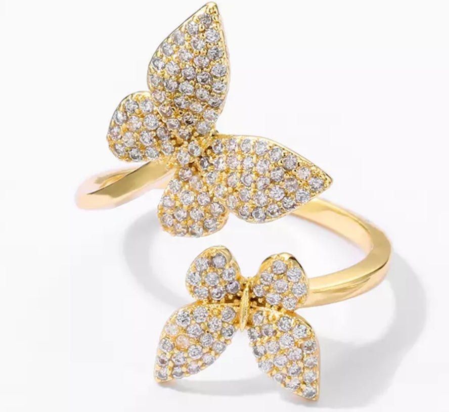 BLAISE I Gold Cubic Zirconia Pavé Butterfly Adjustable | Ring