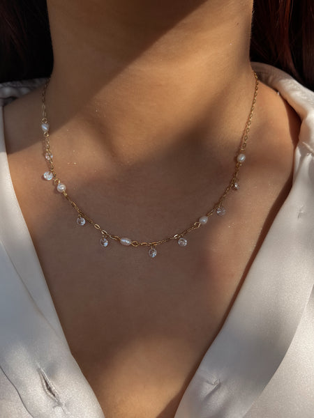 KASRA | Tarnish Free | Gold Pearl and Cubic Zirconia Charm | Necklace
