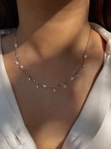 KASRA | Tarnish Free | Gold Pearl and Cubic Zirconia Charm | Necklace