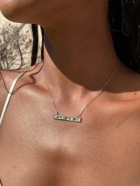 SLOANE | Tarnish Free | Gold Cubic Zirconia Emerald/Clear Bar Pendant | Necklace